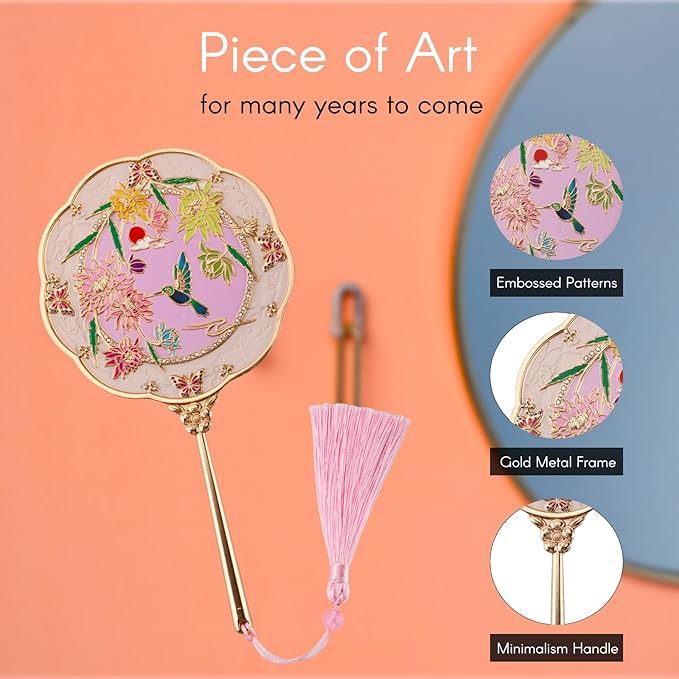 Hand Mirror, Handheld Mirror with Hummingbird Embossed Patterns, Elegant Metal Hand Craft Makeup Mirror, Beautiful Gift Value, Compact and Portable (Hummingbird Gold)