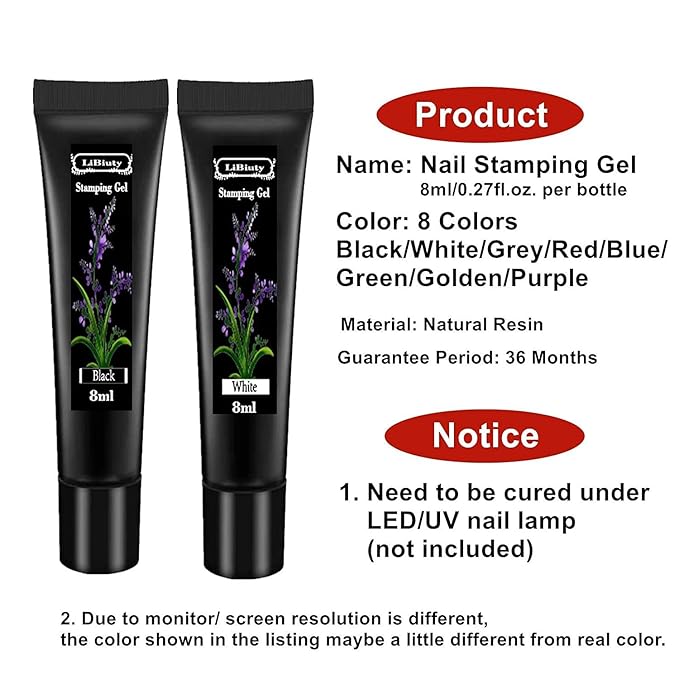 Nail Template Kit - 5pcs Nail Stamping Plates with Stamper & Scraper - 8 Colors Gel Polish Set