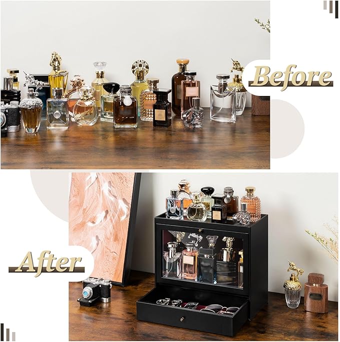 Cologne Organizer, Leather Perfumes Organizer for Dresser, Large Capacity Dustproof Cologne Holder with Drawer Storage Perfume Stand Organizer, Ideal Gift for Loved ones