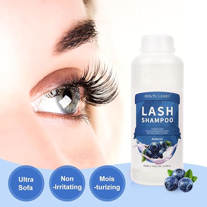 ARISON LASHES Eyelash Extension Shampoo 600ml / Eyelid Foaming Cleanser/Wash for Extensions and Natural Lashes/Paraben & Sulfate Free Safe Makeup & / Professional & Self Use (Blueberry)