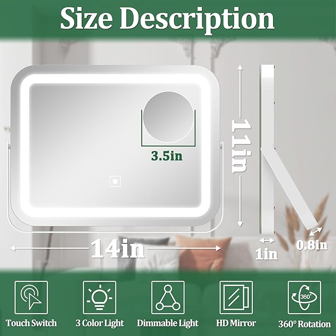 14x10 Inch Lighted Makeup Mirror with 10X Magnification - 3 Mode Dimmable LED & Smart Touch Control - Vanity Mirror with Lights for Desk (White)