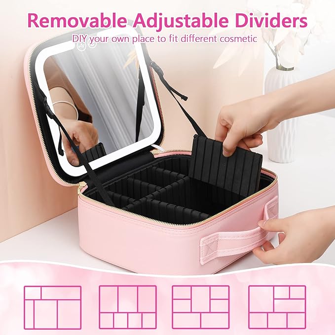 VANMRIOR Travel Makeup Bag with LED Lighted Make up Case with Mirror 3 Color Setting Cosmetic Makeup Box Organizer Vanity Case for Women Beauty Tools Accessories Case Rechargeable
