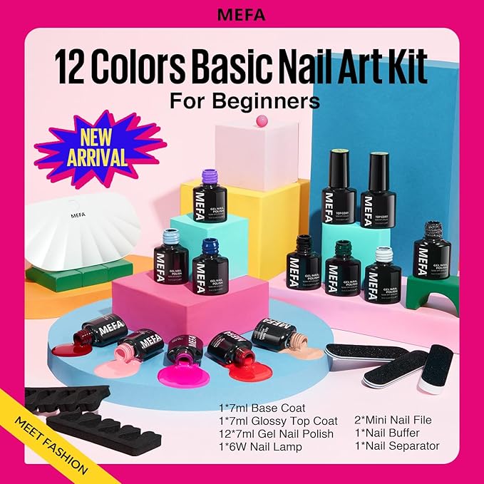 MEFA 19 Pcs Gel Nail Polish Kit with U V Light, 12 Colors All Seasons Nude Milky White Soak Off Gel Polish Nail Set with Base Top Coat Essential Manicure Beginners Salon Gifts for Women