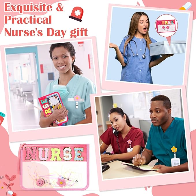 Coume 18 Pcs Nurse Makeup Bags Badge Clips Gifts Clear Pouches with Nursing Badge Reel Flower Smile Face Nursing ID Card Clips for National Certified Nurses Day Teacher Student, 11.8 x 7.87 inch