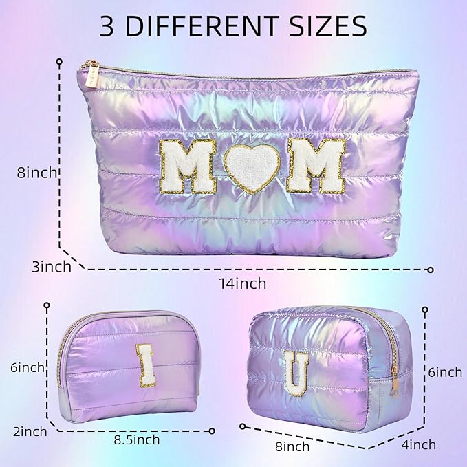 Hiroyuki 3pcs Iridescent Quilted Makeup Bag (ILOVEUMOM, purple)