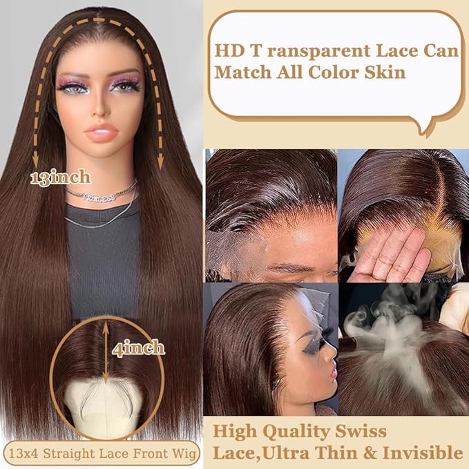 Azkiu Brown Straight Lace Front Wigs Human Hair Straight 13x4 HD Lace Frontal Human Hair Wig Pre Plucked 150% Density Brazilian Virgin Human Hair Wig with Baby Hair for Women(32 Inch)