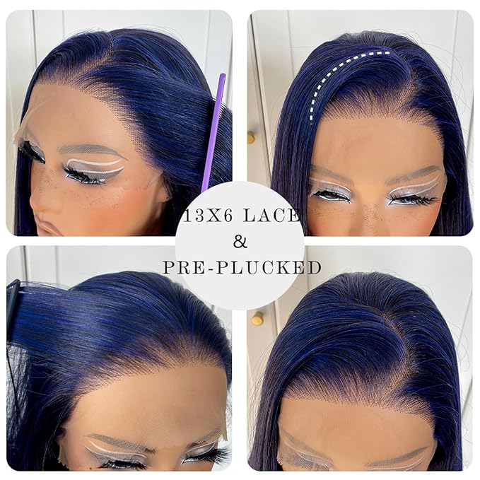 13x6 Dark Blue Straight HD Lace Front Wig Pre-Plucked Glueless Long Straight Blue Lace Front Wigs Synthetic Wear and Go Lace Front Wigs