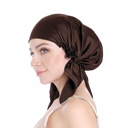 100% Silk Bonnet for Sleeping, Large Silk Sleep Cap with Tie Band for Curly Hair Care - Brown