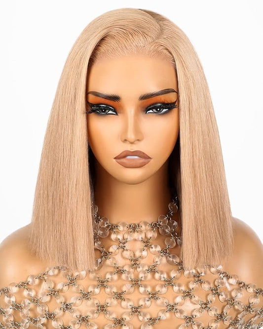Arabella 5x6 Ready to Go Glueless Wigs Human Hair 210% Density Light Flaxen Brown Bob Wig 613 Lace Front Pre-Cut Lace Glueless Wigs (14inch, 5x6)