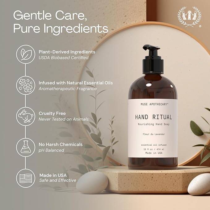 Muse Apothecary Hand Ritual - Aromatic and Nourishing Hand Soap, Infused with Natural Aromatherapy Essential Oils - USDA Certified Biobased - 16 oz, Coconut + Sandalwood