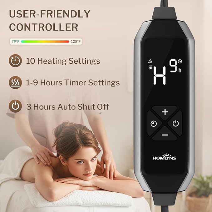 HOMLYNS LuxeHeat Massage Table Warmer Heating Pad, 30" x 72" Soft Fleece Professional Massage Therapy Bed Warmer with 10 Heat Settings, 1-9 Hours Auto Off, Rapid Heating