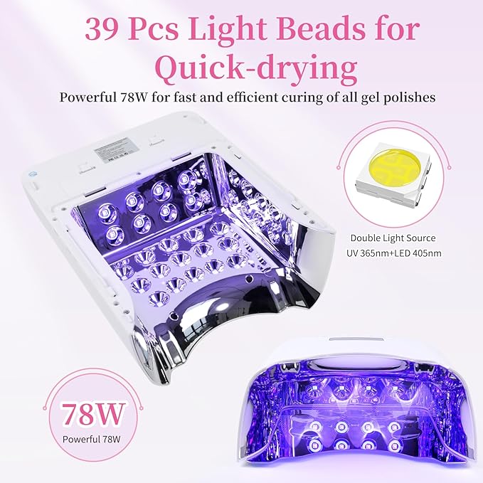 Professional UV LED Nail Lamp, Cordless Rechargeable UV Light for Gel Nails, 78W Fast Curing Gel Nail Light with 4 Timer Setting LCD Display, Auto Sensor and Spacious Interior(White)