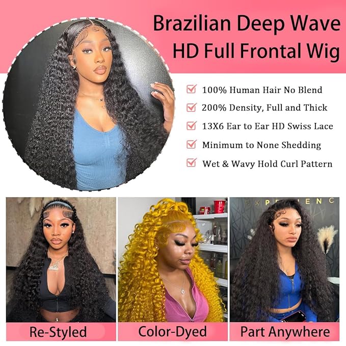 13x6 Deep Wave Lace Front Wigs Human Hair 200% Density 13x6 Lace Frontal Wigs Human Hair Natural Black Deep Curly Glueless Wig Human Hair Pre Plucked with Baby Hair(34 Inch)