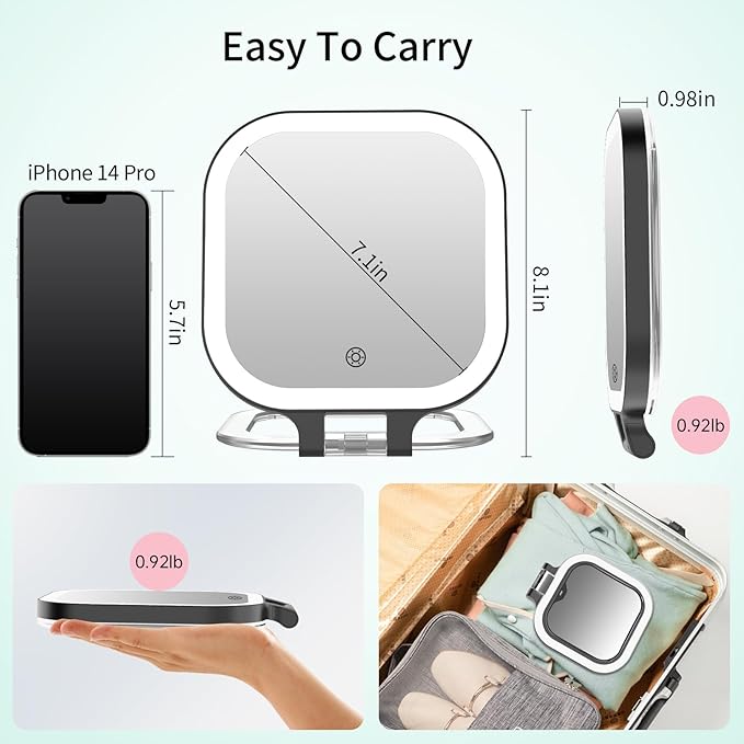 FASCINATE 10X Magnification Rechargeable Travel Makeup Mirror, Lighted Portable Vanity Mirror with 3 Colors Lighting & Stepless Dimming, Double Sided LED Mirror, Gift for Women (Black)