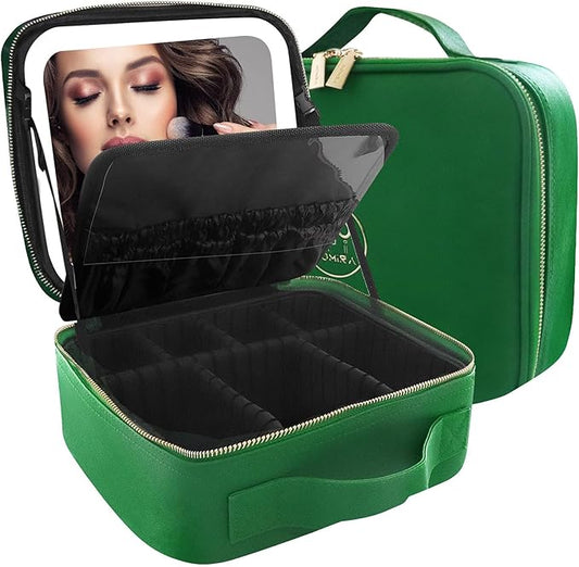 MOMIRA Travel Makeup Bag Cosmetic Bag Makeup Organizer Bag with Lighted Mirror, Adjustable Brightness in 3 Color Scenarios, Waterproof Makeup Train Case, Gift for Women - Emerald Green