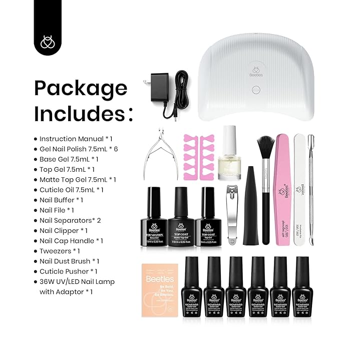 Beetles Gel Nail Polish Kit with LED Light Base & Top Coat, 6 Neutral Nude Colors, Chrome Nail Powder, 1g Glazed Silver