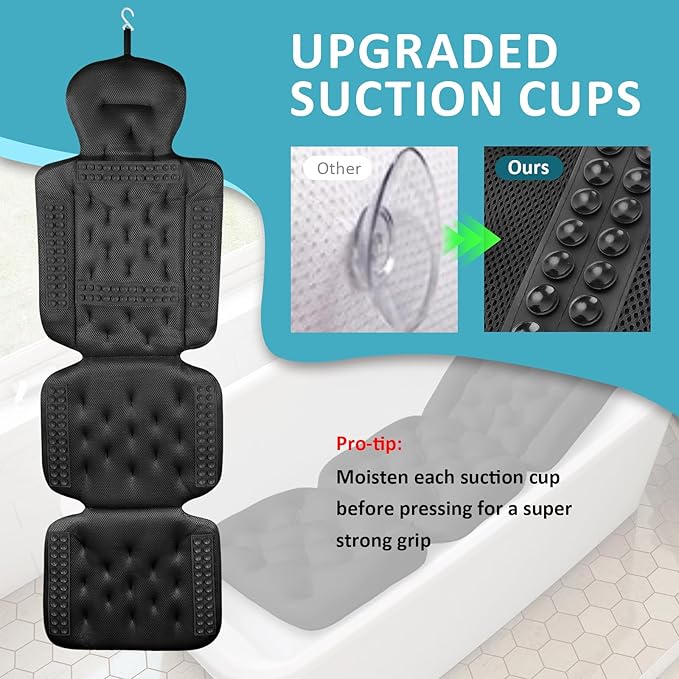 Luxury Full Body Bath Pillow for Bathtub, Bath Pillows for Tub with Mesh Laundry Bag & Non-Slip Suction Cups, Cushion for Bathtub Headrest Neck Back Support - 5D Air Mesh & Quick Drying | Black