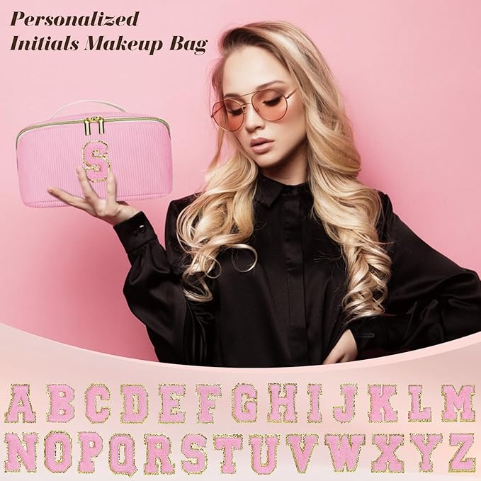Gifts for Girls, Initial Travel Makeup Bag Women's Day Gift Make up Bag Cosmetic Bags Monther's Day Gifts, Personalized Stuff Bag Cute Makeup Bag Birthday Gifts for Women/Friend/Mother Pink - S