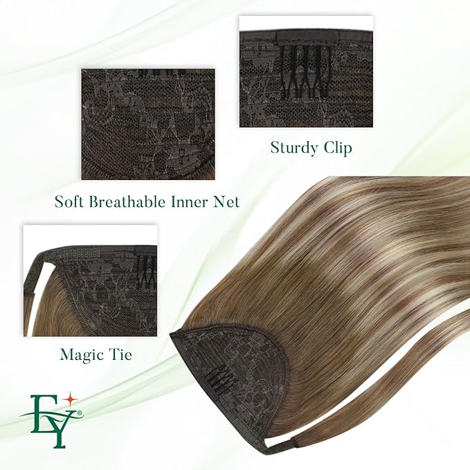 Easyouth Human Hair Ombre Ponytail Extension 14Inch 70g Clip-In Wavy Walnut Brown Ombre Blonde