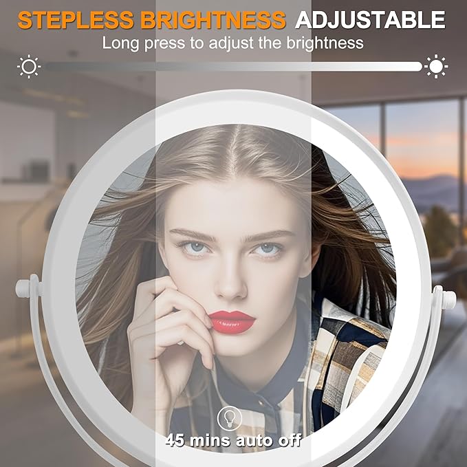 10x Large Lighted Makeup Mirror, Rechargeable 8.7" Double-Sided Vanity Mirror with 3 Color Dimmable Lights, 1X/10X Height Adjustable Magnifying Mirror, 360° Swivel, for Women Girl(White)