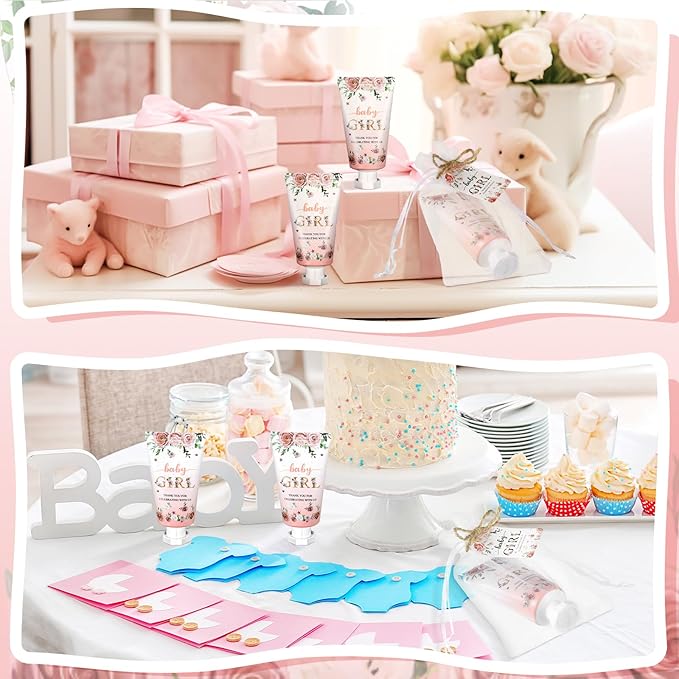48 Sets Baby Shower Hand Cream Party Favors for Guests Gift Bulk Travel Size Hand Lotion Set for Baby Shower Wedding Christmas(Baby Girl)