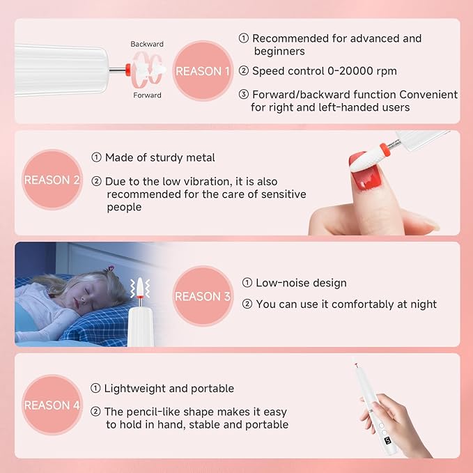 Professional Electric Nail Filer Drill Kit：Rechargeable Electric Nail Drill Set，Cordless Nail File Electric Sander for Acrylic Nail Files and Buffers with Nail Drill Bits Sanding Bands (White)