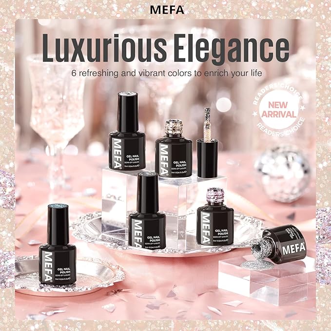 MEFA Glitter Nail Polish Set 6 Colors, Chrome Platinum Sparkly Shiny Black Silver Pink Champagne Turquoises Gel Polish Kit Soak Off Nail Art Design at Home DIY Manicure Kit Gifts for Women