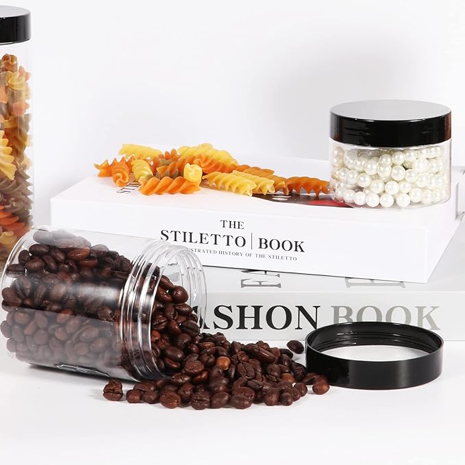48 Pack 120ml 4 oz Empty Clear Plastic Jars with Black Lids, Refillable Round Containers for Slime,Beauty Products, powder, Cream, Scrubs, Cookie,Dried Fruit. Include 1 Pen and 120 Labels.