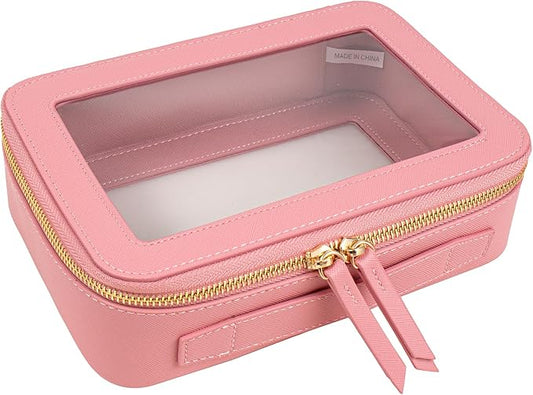 Clear Makeup Bags TSA Approved Toiletry Bag Handle Large Opening,Clear Toiletry Bags for Carry-on Traveling Travel Car Accessories Essentials Organziation Storage for Women Girls(Rose Pink, Middle)