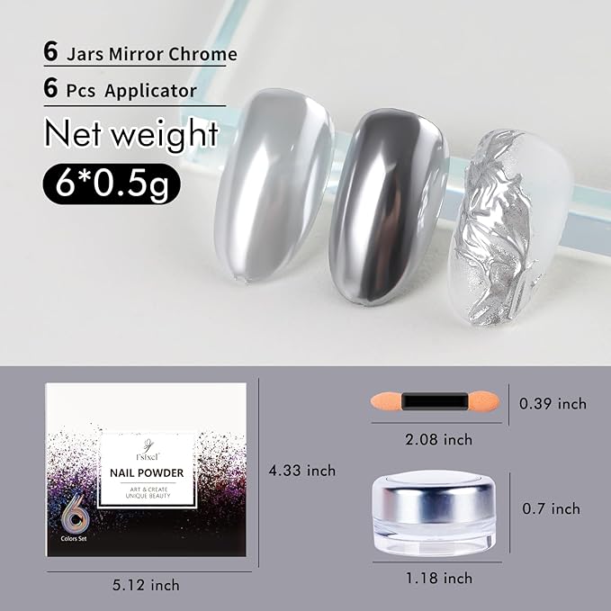 6 Color Set 0.5g/Jar Chrome Nail Powder Metallic Mirror Pigment Dust for Manicure Nail Art Decoration Gold Silver Brown Green Blue Purple Rubbing Glitter (TA 6 Pcs Set-03)