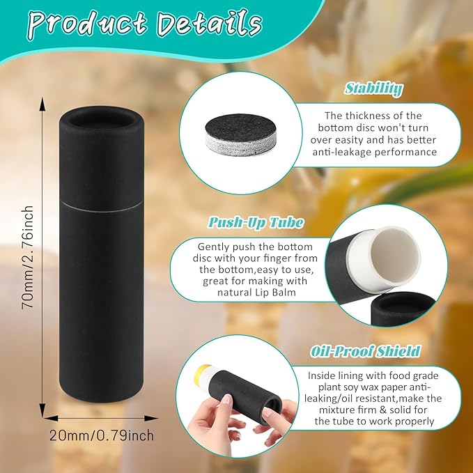 50 Pcs 0.3 oz Paperboard Lip Balm Tube,Empty Kraft Paper Chapstick Tube Holder,Push-Up Style Biodegradable Solid Perfume Lip Gloss Container for DIY Homemade Balm,Non-Plastic Container- Black
