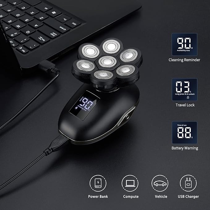 Electric Head Shaver for Bald Men - LED, Travel Lock, Nose Hair & Sideburns Trimmer