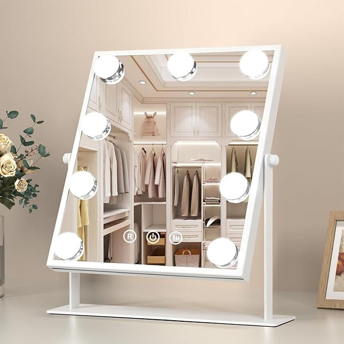 COSMIRROR Hollywood Makeup Mirror with Lights, Lighted Vanity Mirror with 9 Dimmable Bulbs and 3 Color Lighting Modes, Smart Touch Control, Plug in Light Up Mirror (White)