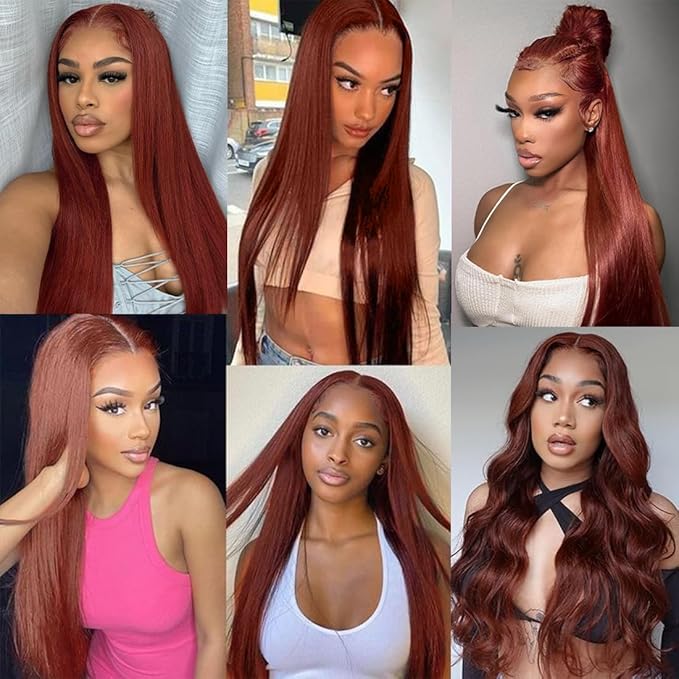 13x4 HD Lace Front Wigs Human Hair Reddish Brown Brazilian Unprocessed Straight Human Hair Lace Frontal Wig with Baby Hair Auburn Copper Colored Glueless Wigs for Women (Reddish Brown,26 Inch)