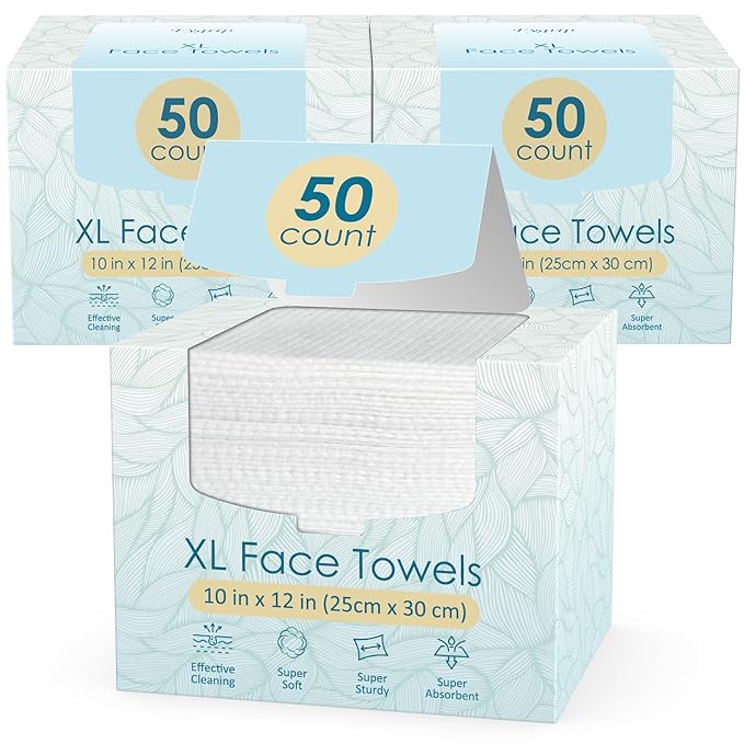 150 Count (3 Box) XL Disposable Face Towels 10” x 12”, 100% Viscose Fibre, Soft & Skin Friendly Face Towelettes Disposable, Facial Tissue Wipes for Women Cleansing