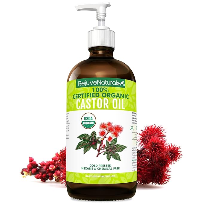 RejuveNaturals Castor Oil (16oz Glass Bottle) USDA Certified Organic, 100% Pure, Cold Pressed, Hexane Free. Boost Hair Growth for Thicker, Fuller Hair, Lashes & Eyebrows.