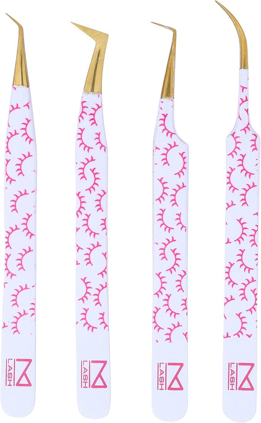 M LASH Tweezers for Eyelash Extensions (Set of 4) - Professional Lash Extension Tweezers - Fiber Tip, Japanese Steel, Diamond Grip Eyelash Extension Tweezer (F-SET)