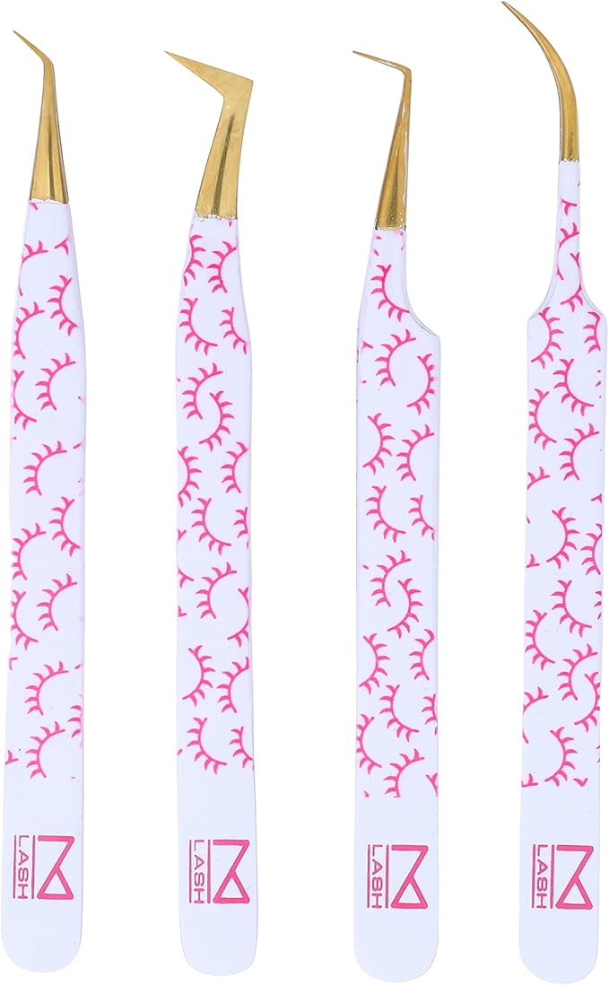 M LASH Tweezers for Eyelash Extensions (Set of 4) - Professional Lash Extension Tweezers - Fiber Tip, Japanese Steel, Diamond Grip Eyelash Extension Tweezer (F-SET)