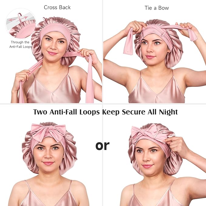 YFONG 100% 22 Momme Mulberry Silk Bonnet for Sleeping Women, Larger Double Layer Silk Hair Wrap for Curly Short Long Hair, Non-Slip Sleep Cap Turban with Elastic Tie Band for Hair Care, Pink