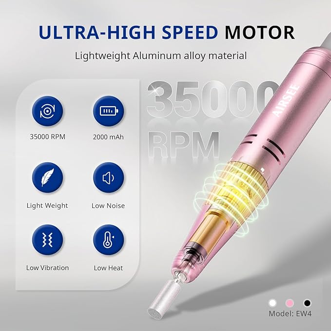 AIRSEE Professional Portable Nail Drill 35000RPM,Rechargeable Cordless Nail Drill for Manicure Salon Home, Eletric Nali E File for Acrylic Nails Gel Polishing Removing, EW4 Pink