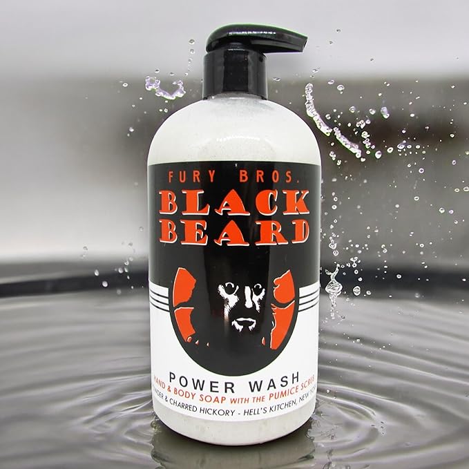 Premium Power Wash | Black Beard | Gunpowder & Charred Hickory | Hand & Body Wash | Exfoliating Pumice | Moisturizing Aloe Vera | Highly Scented | Made in USA | 16 oz | Dad Men Bath
