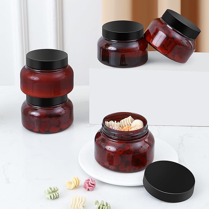 48 Pack 8 Oz Plastic Containers With Lids and Waterproof Label BPA Free - Refillable Transparent Cosmetic Containers for Body Butter,Sugar Scrubs,Cream,Lotions,Candy,Bath Salt (48, Brown)