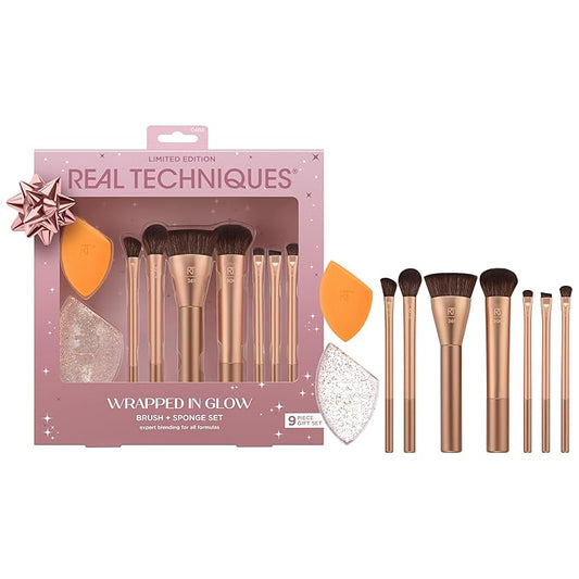 Real Techniques Wrapped In Glow Brush + Sponge 9 Piece Holiday Gift Set, Complete Makeup Brush Set, Foundation Sponge, Seamless Blending & Travel Case, Stocking Stuffer, Limited Edition, Latex-Free