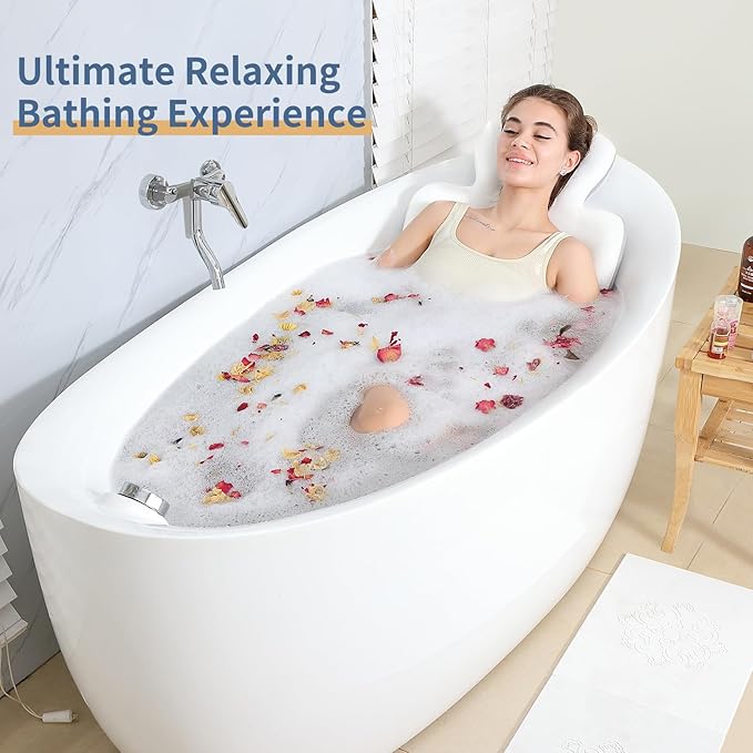 Luxury Bath Cushion, Full Body Bathtub Pillow with 160 Suction Cups, Bath Mat for Head and Neck Support, with Laundry Bag (White, 51.2" x 16.2")