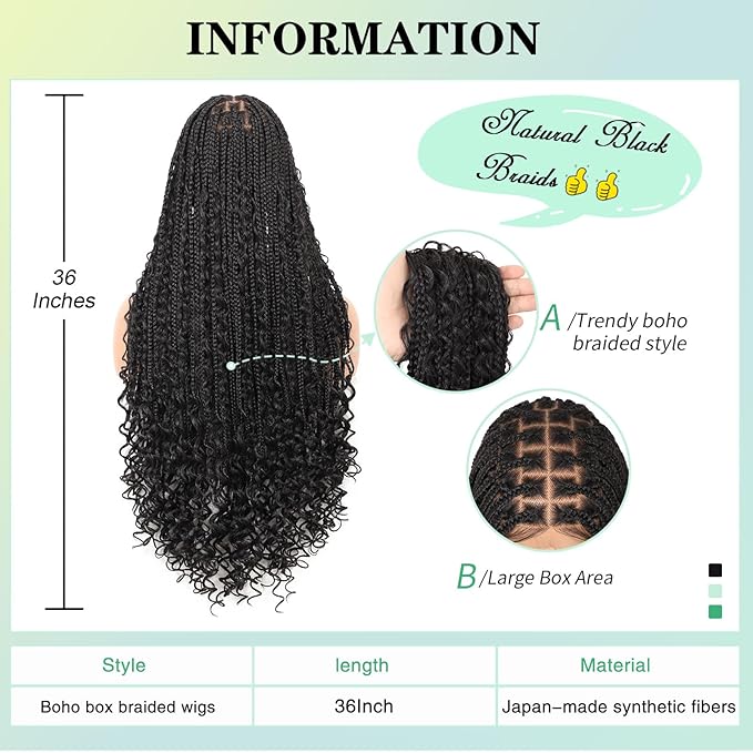 13x8 Inch HD Lace Front Boho Knotless braided Wigs For Women 36" Braided Wig With Baby Hair Braid Lace Front Wig Human Hair Blended Bohemian Braiding Wig