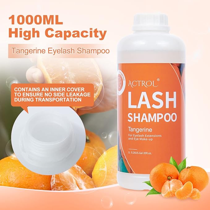 Eyelash Extension Cleanser Tangerines 1L Natural Lash Extension Shampoo Professional Eyelid Foaming Cleanser Paraben & Sulfate Free Non-lrritating with Salon and Home Care