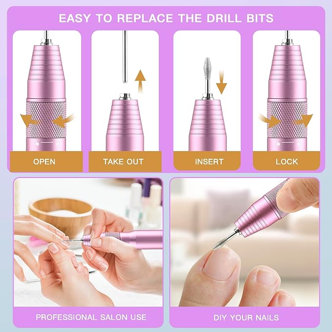 Cordless Electric Nail Drill Professional, 30000RPM Portable Nail File Machine Kit Manicure Pedicure Tools Polishing Set for Acrylic Gel Dip Powder Nails with Nail Drill Bits Sanding Bands