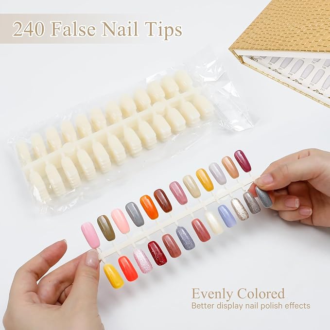 216 Colors Nail Display Chart, Nail Gel Polish Organizer Color Card with 240 False Nail Tips, Nail Color Display Book Chart Salon Nail Supplies Sample Chart Tool Set Nail Swatch (Gold, 2 Pack)