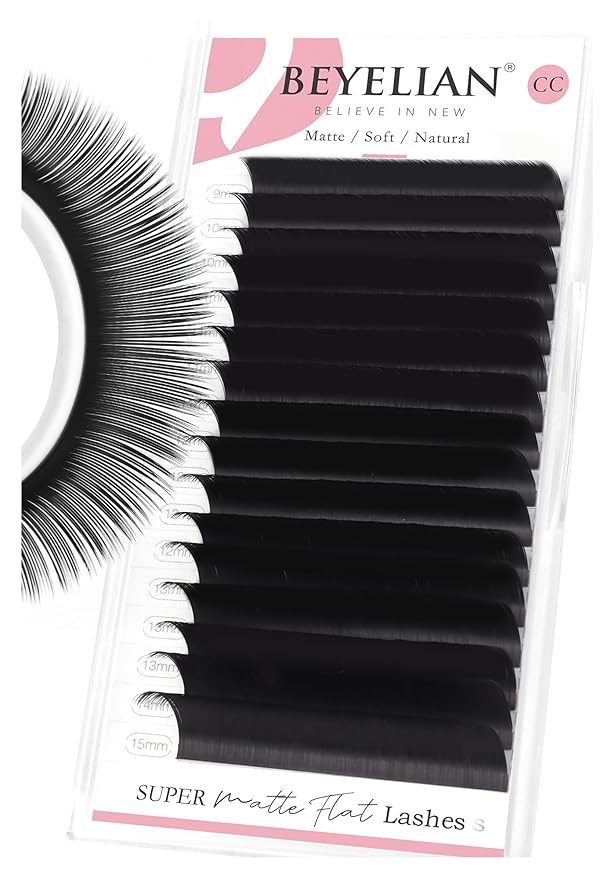 BEYELIAN Ellipse Flat Eyelash Extension, 16 Rows 0.20mm CC Curl 9-15mm Mixed Length Lash Extension Matte Black Professional Eyelash Extension Supplies for Salon Use