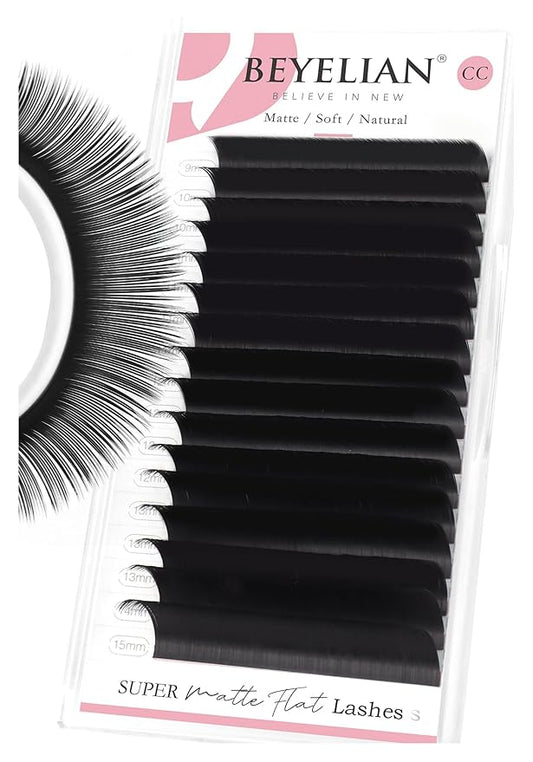 BEYELIAN Ellipse Flat Eyelash Extension, 16 Rows 0.20mm CC Curl 9-15mm Mixed Length Lash Extension Matte Black Professional Eyelash Extension Supplies for Salon Use